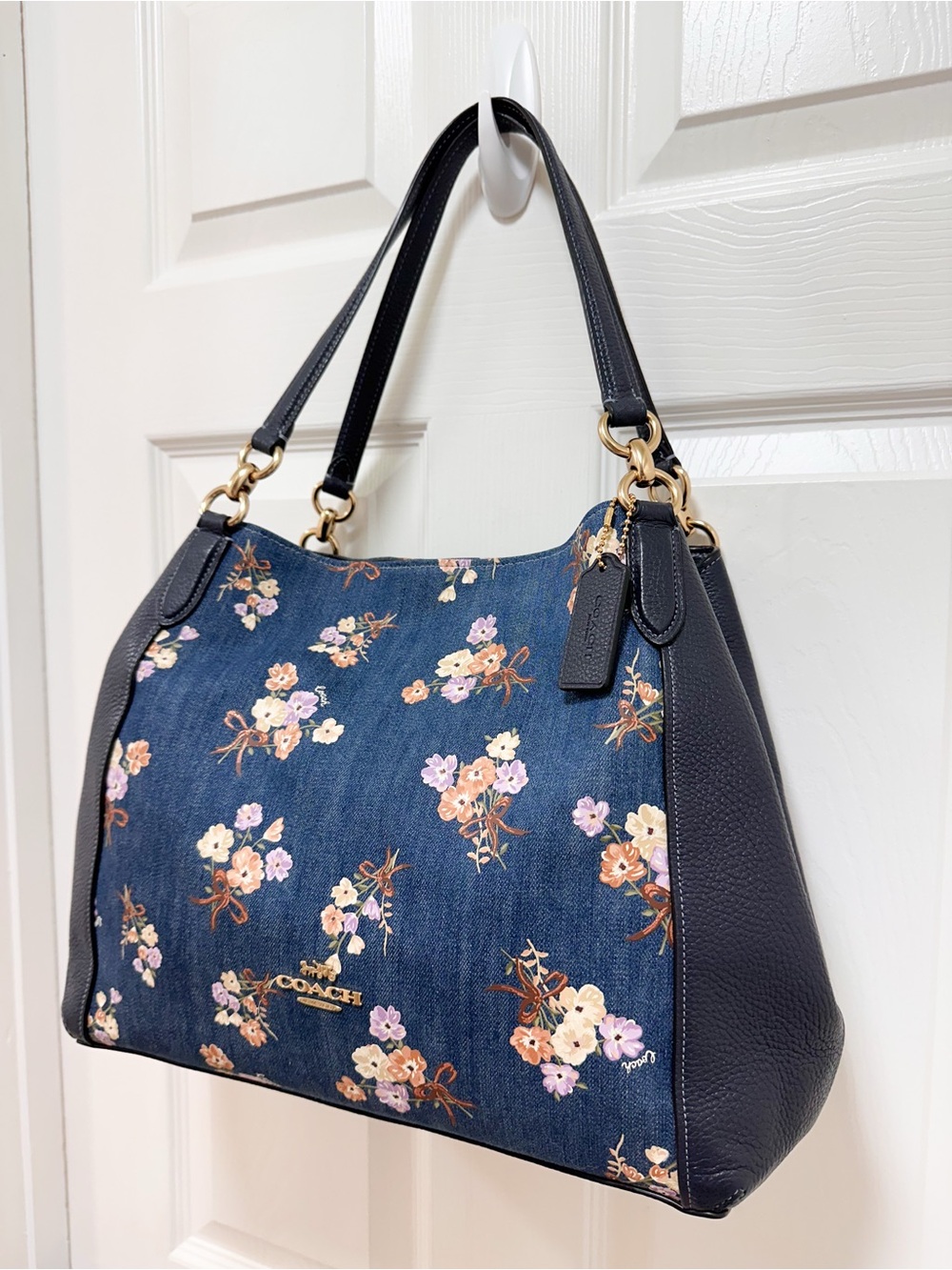 Coach Hallie Shoulder Bag Floral Bouquet Denim Print Navy Leather - Picture 4 of 15